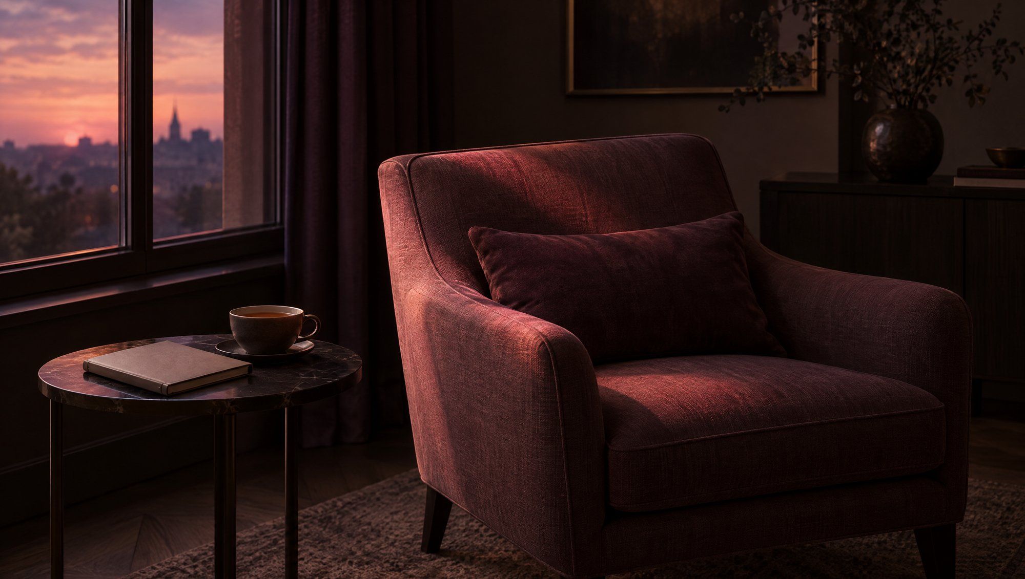 An empty armchair beside a window at dusk, with a closed notebook and a cup of tea on a small side table.