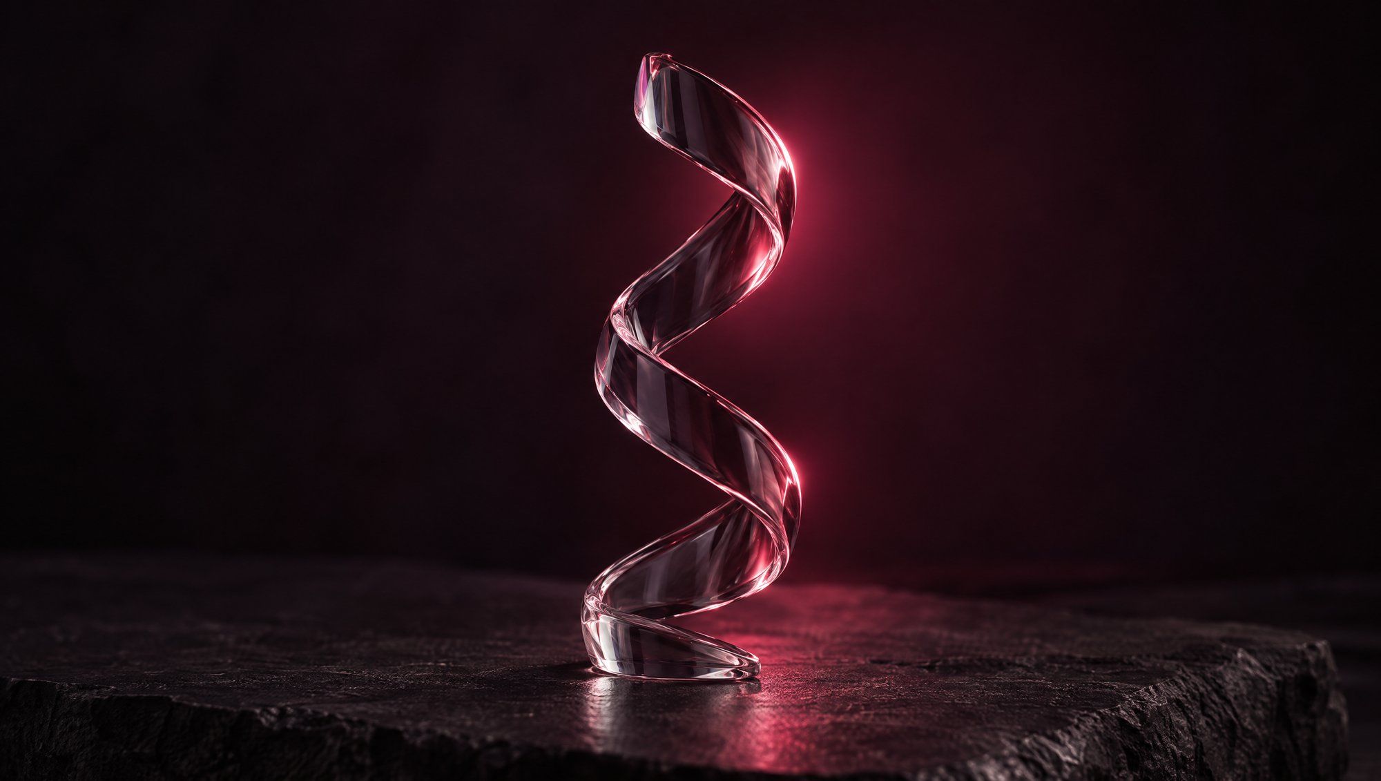 A twisted clear glass helix ribbon standing on dark stone, lit from behind by a rose rim light.
