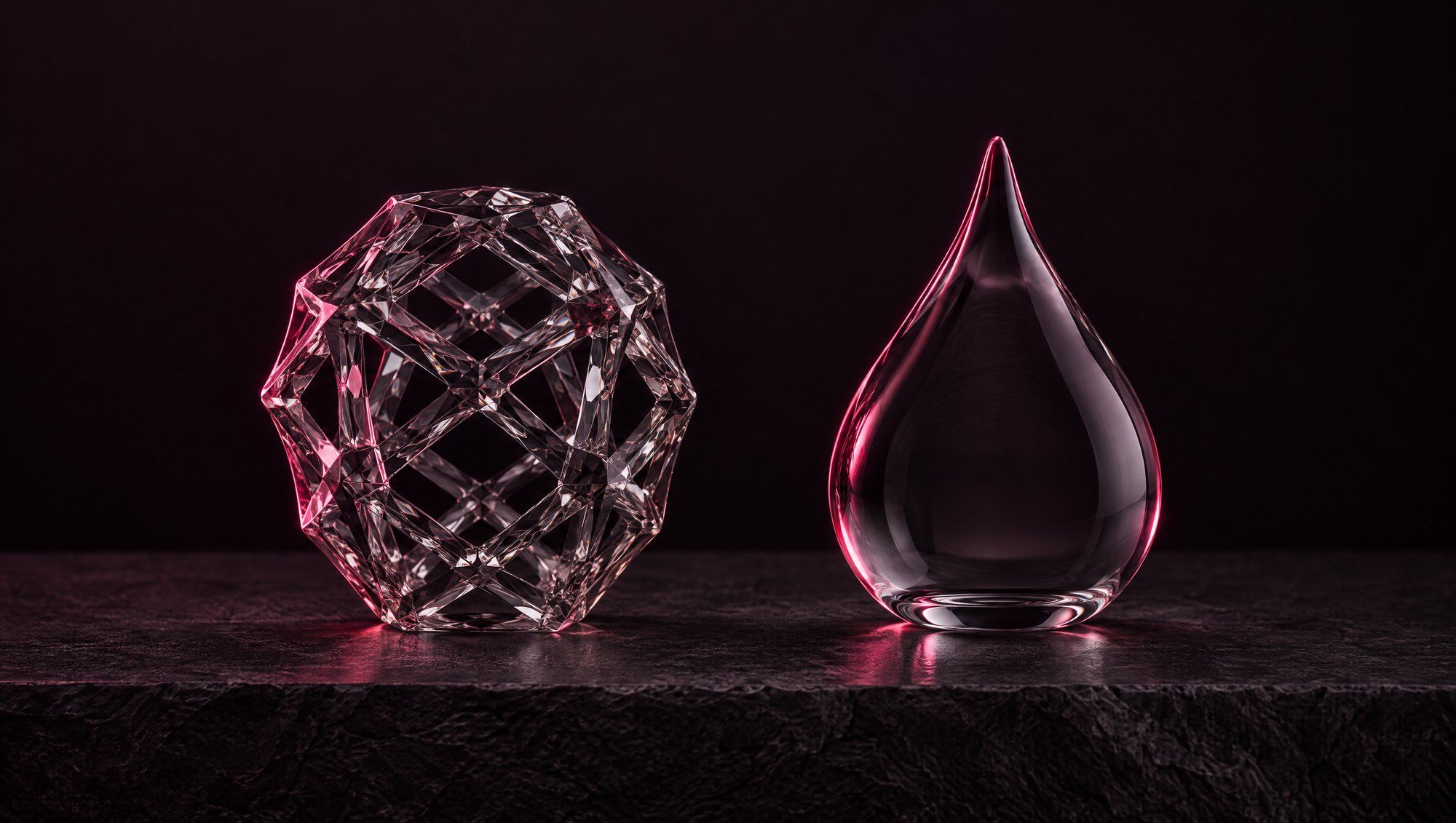 A faceted glass lattice sculpture beside a smooth glass droplet on dark stone, both edged in rose light.