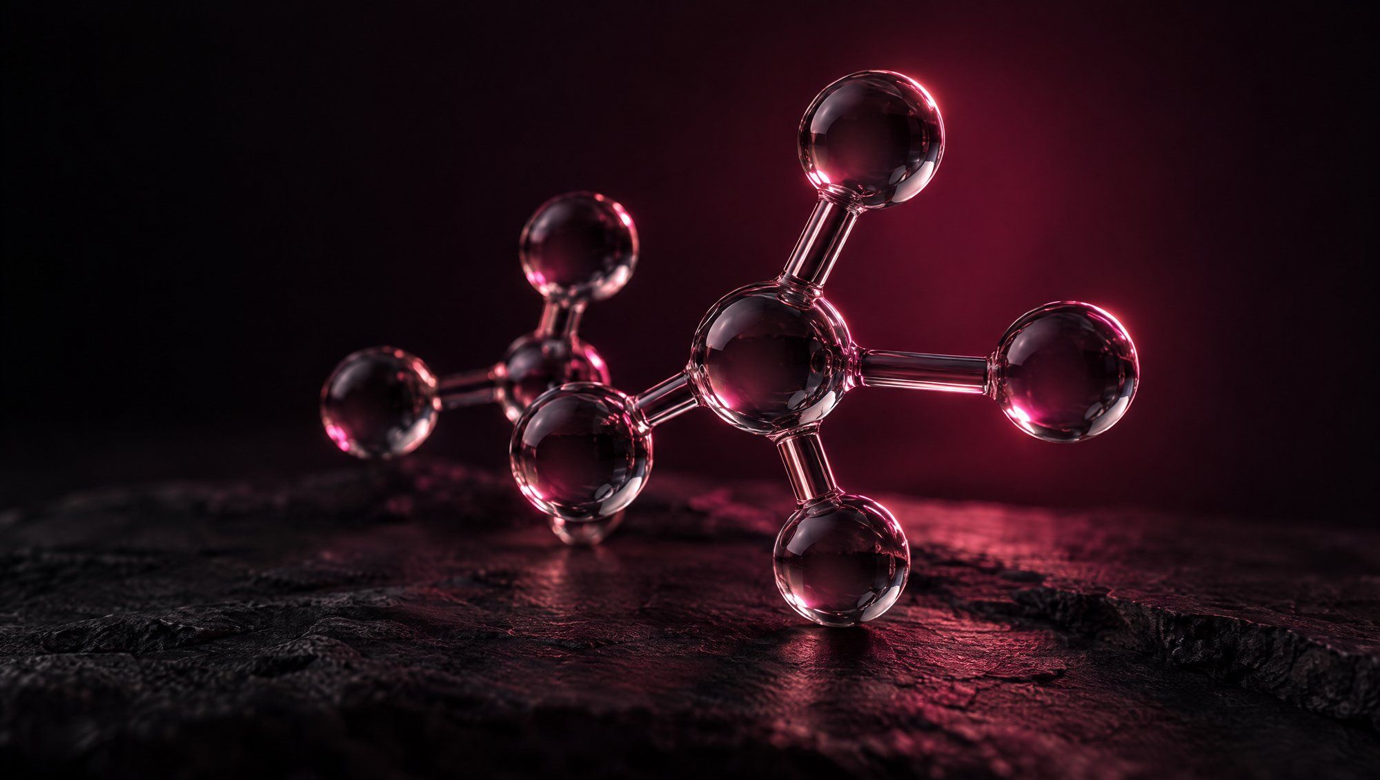 A clear glass molecular model of linked spheres on dark stone, lit from behind by a rose rim light.