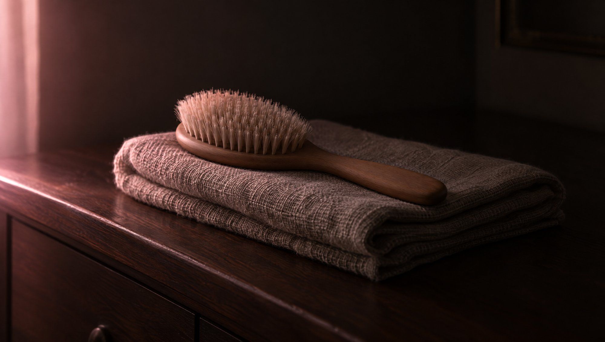 A wooden hairbrush with soft pale bristles resting on a folded grey linen towel on a dark wooden dresser, lit from the left by a soft rose light.