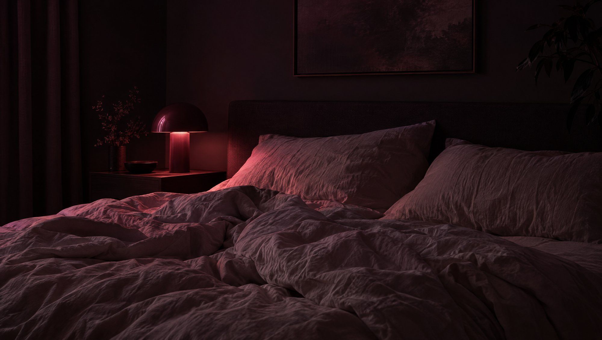 An unmade bed with rumpled linen sheets in a dark bedroom, lit by a low lamp with a rose glow.