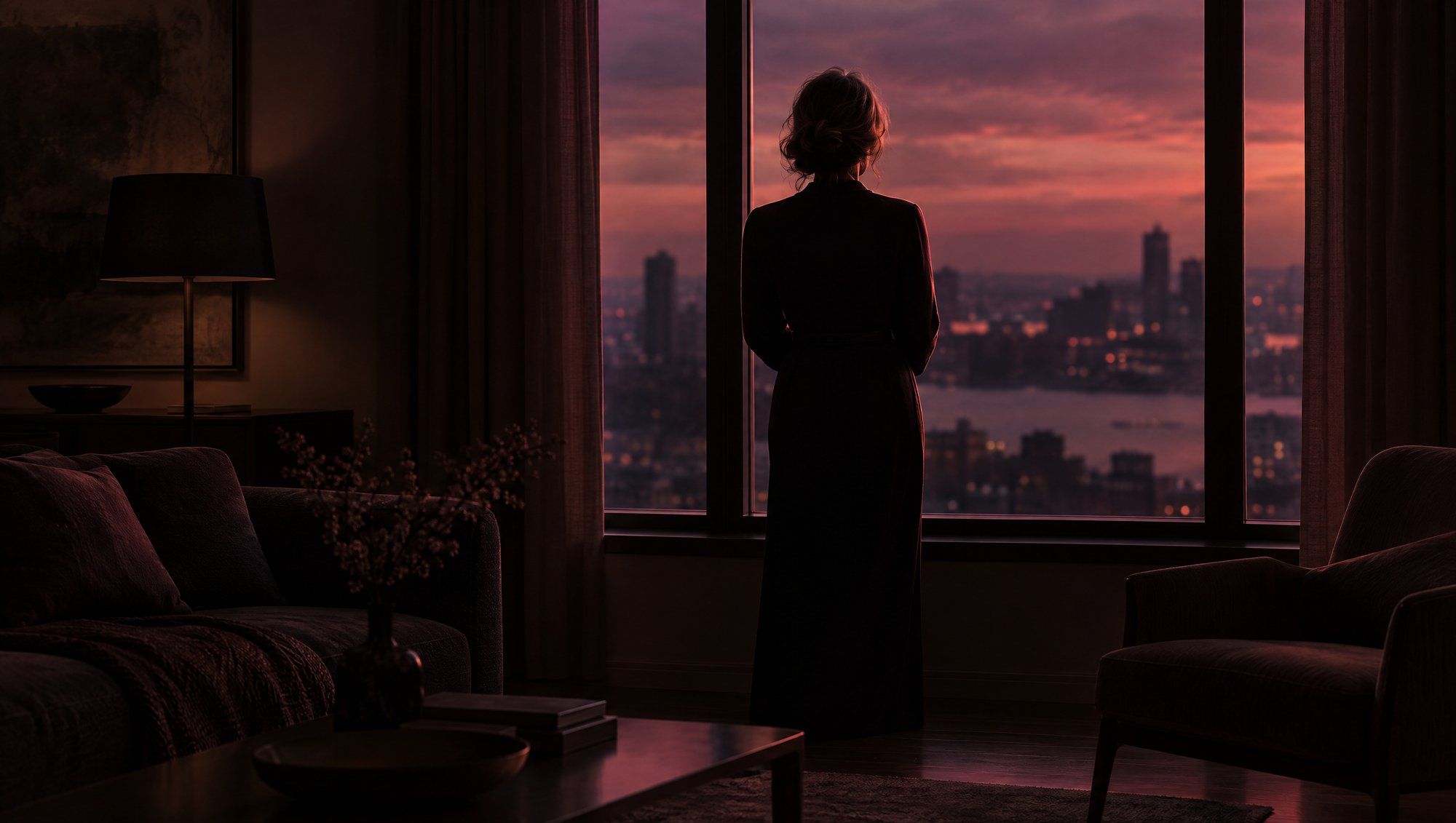 A woman seen from behind in silhouette, standing at a tall window in a dark living room at dusk, with a rose sky and city lights outside.